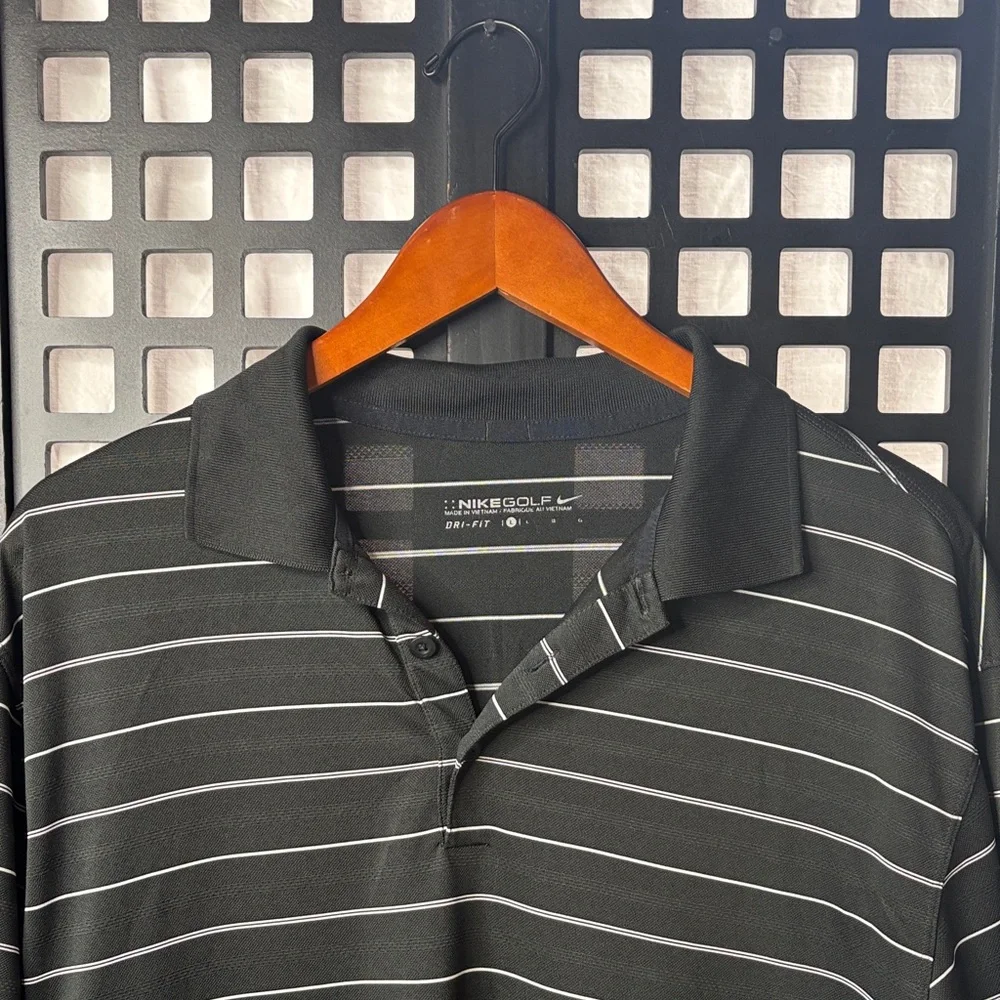 🖤 Nike Golf Black Polo Mens Large White Stripe Performance Collared 🖤 - Picture 2 of 12